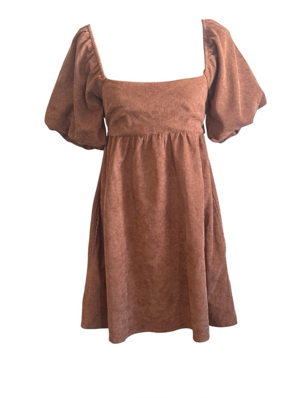Audrey Parks Francesca's Brown Corduroy Puff Sleeve Babydoll Mini Dress Pockets